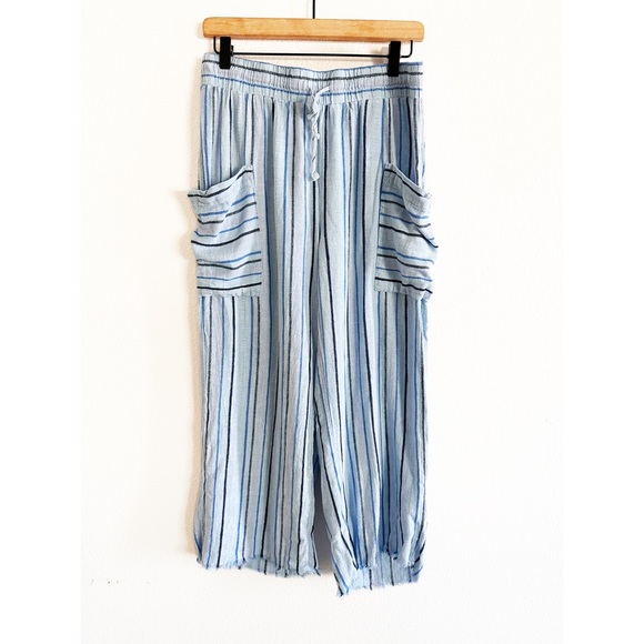 Indigo Rein Pants - Indigo Rein Women’s L Striped Raw Edge Linen Cropped Pants